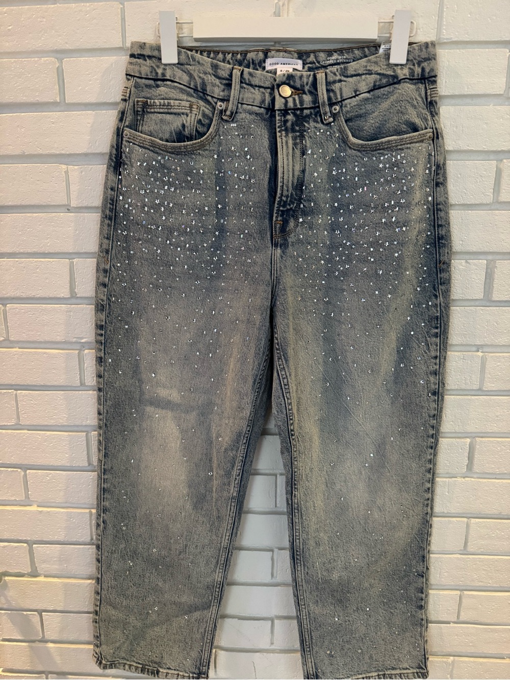 Good American Light Blue  Straight-Leg Jeans with Silver Embellishment